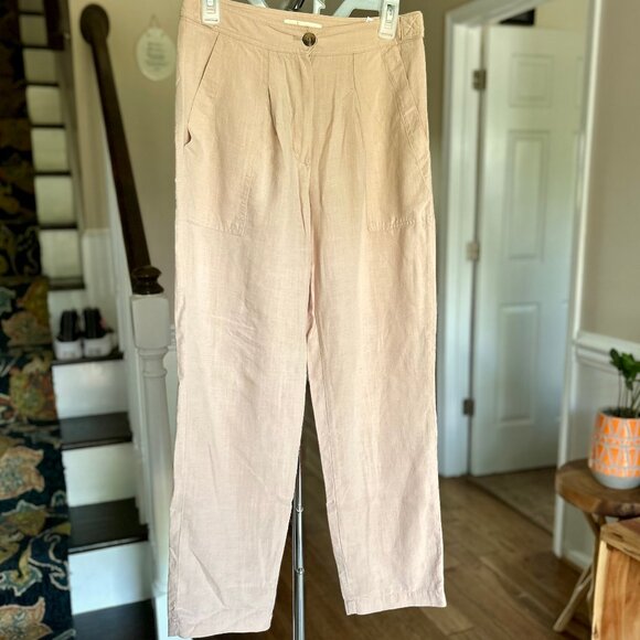 Per Una Linen Lyocell Blend Pleated Apricot Relaxed Pants Pockets Size 4 (US) - Picture 2 of 11